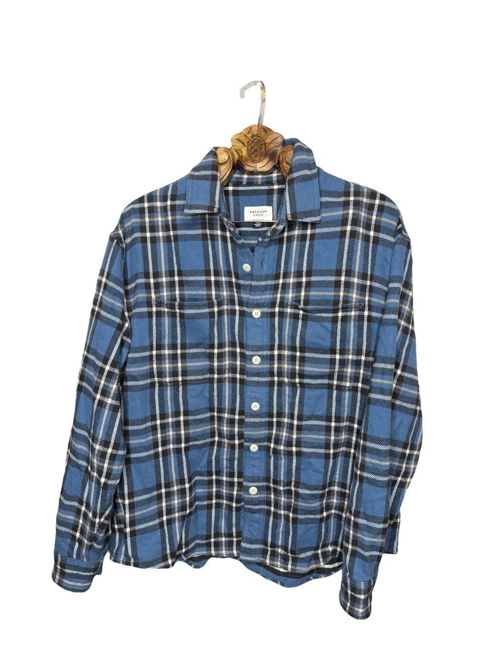 American Eagle Men's Shirt Shacket Thick Flannel Blue Plaid Relaxed Fit Large